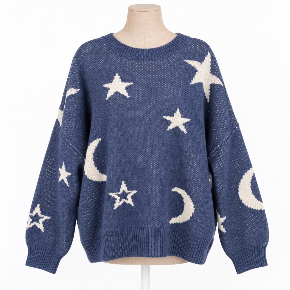 Celestial Star Moon Oversized Sweater Size XL Blue Cottagecore Novelty Retro